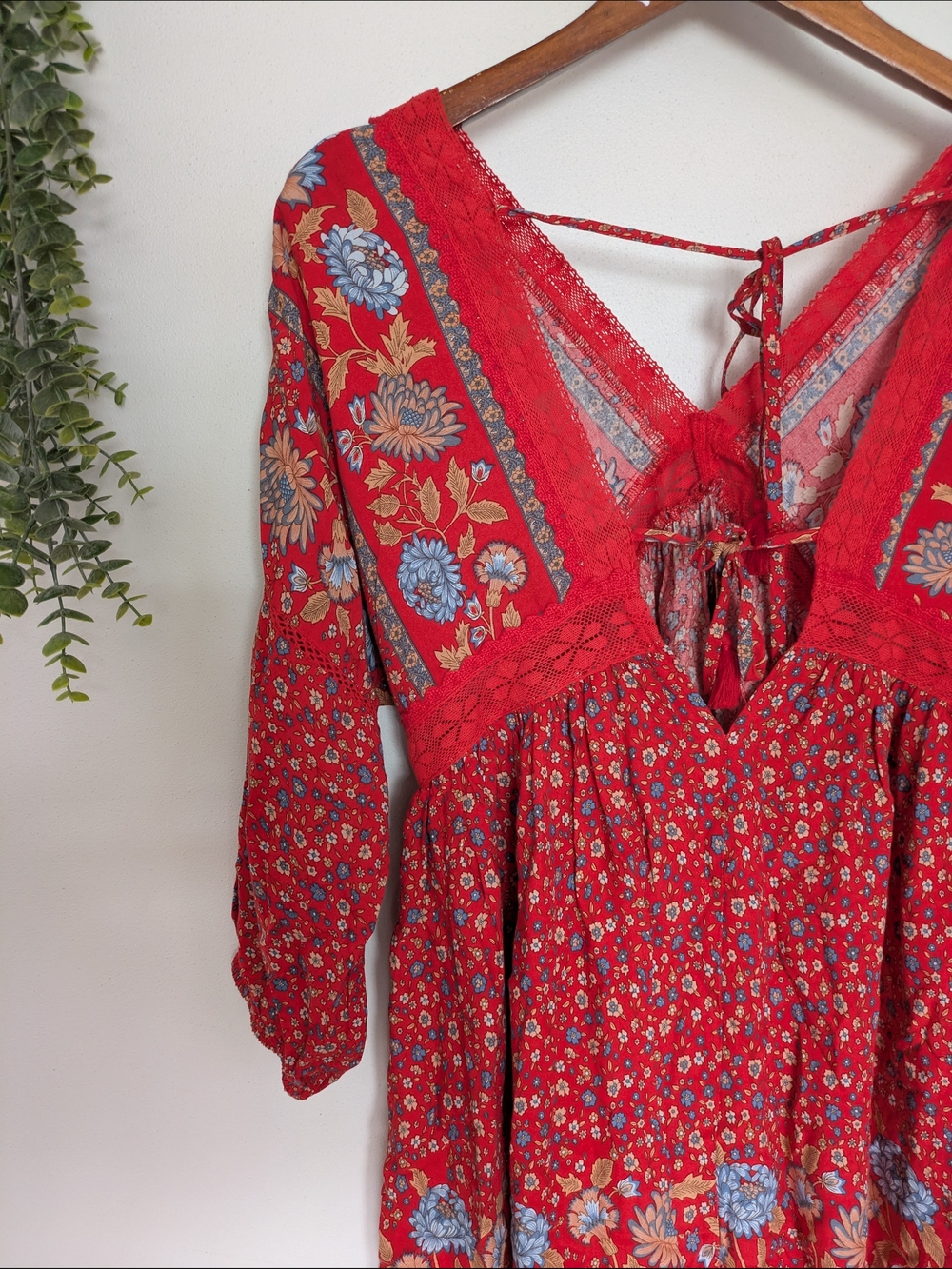 In Loom Red Floral V-Neck Boho Tunic with Blue Accents - Picture 3 of 4